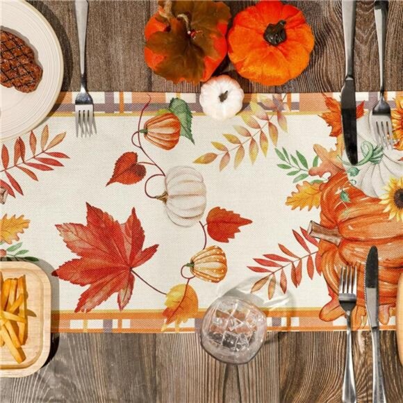 Fall Table Runner, Plaid Pumpkin Maple Leaves Table Runners for Autumn Harvest - Picture 3 of 7